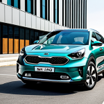 **

A stylish, modern Kia Niro Hybrid, fully visible, parked in a clean, urban environment with other contemporary vehicles. The car is showcasing its sleek design. Day time. Safe for work. Appropriate content. Fully clothed. Professional. Perfect anatomy, correct proportions, natural pose, well-formed features, proper finger count.

**