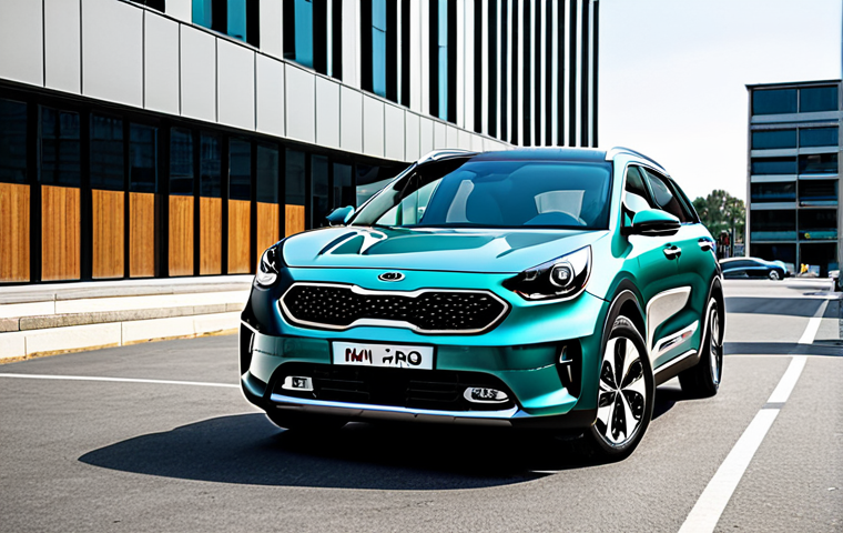 **
A stylish, modern Kia Niro Hybrid, fully visible, parked in a clean, urban environment with other contemporary vehicles. The car is showcasing its sleek design. Day time. Safe for work. Appropriate content. Fully clothed. Professional. Perfect anatomy, correct proportions, natural pose, well-formed features, proper finger count.
**