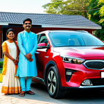 **

"A happy Indian family standing next to their new Kia electric car, fully clothed in traditional Indian attire, with a modern house in the background, bright sunny day, safe for work, appropriate content, family-friendly, perfect anatomy, natural proportions, professional photograph."

**