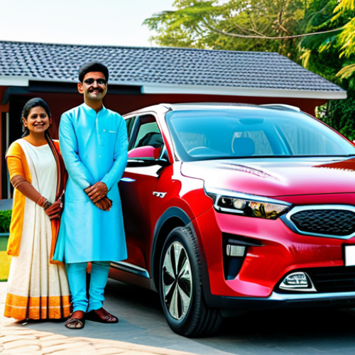 Home 25 **
"A happy Indian family standing next to their new Kia electric car, fully clothed in traditional Indian attire, with a modern house in the background, bright sunny day, safe for work, appropriate content, family-friendly, perfect anatomy, natural proportions, professional photograph."
**