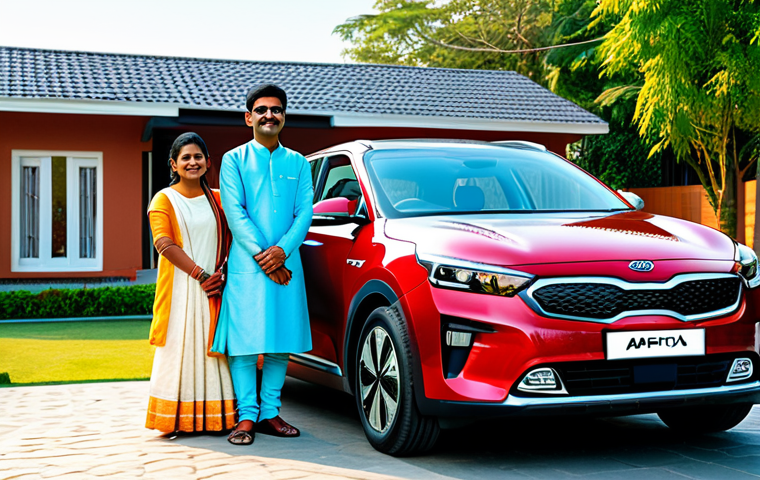 **
"A happy Indian family standing next to their new Kia electric car, fully clothed in traditional Indian attire, with a modern house in the background, bright sunny day, safe for work, appropriate content, family-friendly, perfect anatomy, natural proportions, professional photograph."
**