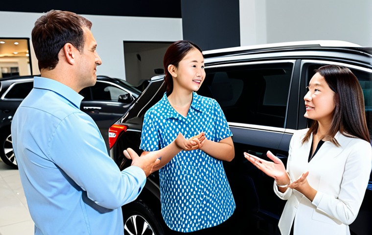 **
A family looking at a Kia Sportage in a car dealership, fully clothed, appropriate attire, modest clothing. A professional sales representative is explaining the features. Bright, family-friendly setting, safe for work, perfect anatomy, natural proportions, proper finger count, well-formed hands.
**