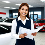 기아 중고차 보증 프로그램 - Woman at a Kia Service Center**

"A smiling woman, fully clothed in modest attire, stands in a brigh...
