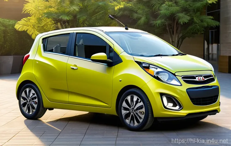 기아 모닝과 쉐보레 스파크 비교 - **Prompt:** A compact, friendly-looking Chevrolet Spark hatchback, with its distinctive "tall-boy" d...