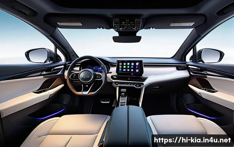 기아 EV9 내부 디자인 - Interior view of a spacious and airy Kia EV9 cabin showcasing a wide panoramic windshield and high c...