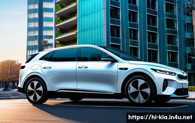기아 전기차 시장 점유율 - A sleek Kia EV6 electric car in a vibrant urban setting, showcasing its modern and sporty exterior d...