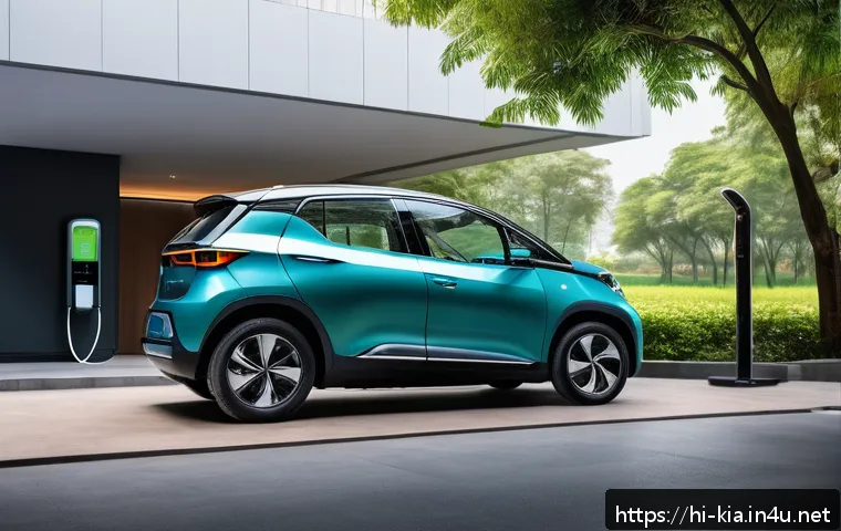 기아 니로 EV 장단점 - A modern electric vehicle parked in an urban Indian setting, with a sleek lithium-ion battery pack v...