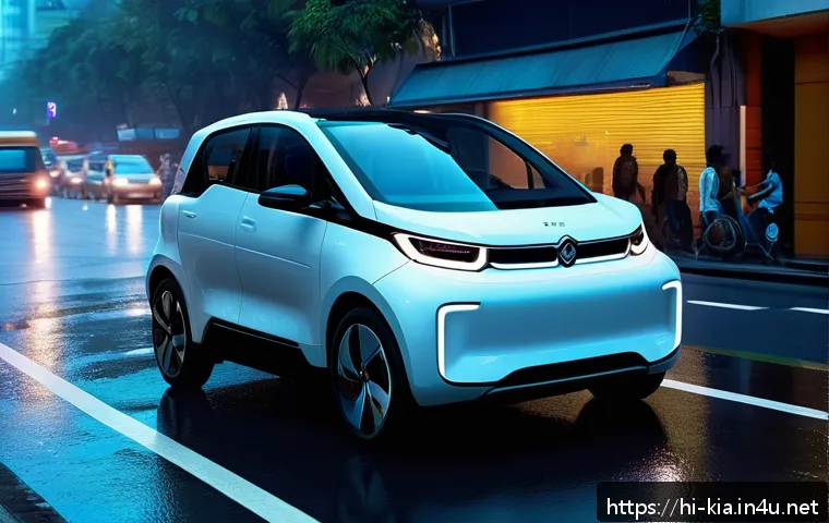 기아 EV9의 자율주행 기술 - A futuristic electric vehicle equipped with advanced 360-degree smart sensors, driving confidently t...