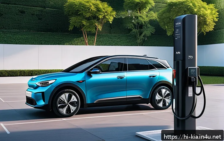 기아 EV6 충전 어댑터 종류 - A modern electric vehicle charging station scene featuring a Kia EV6 connected to a sleek, high-tech...