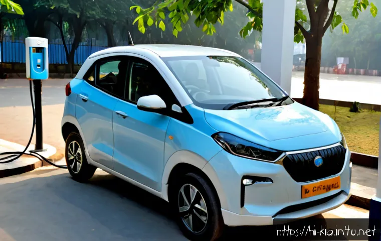 기아 쏘울 EV 충전소 추천 - Photorealistic compact electric crossover parked at a modern fast-charging station in an Indian city...